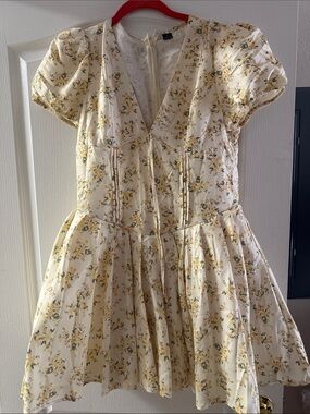 Floral V-Neck Mini Dress in Cream and Yellow